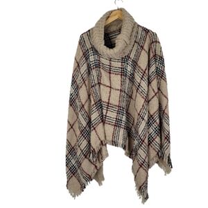 Cozy plaid turtleneck fringe poncho
